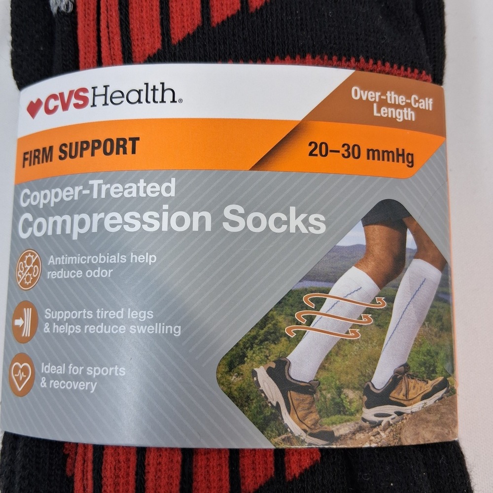 CVS Health Copper Compression Socks Firm 20-30 mmHg Black Red L/XL Over-the-Calf - Picture 2 of 5
